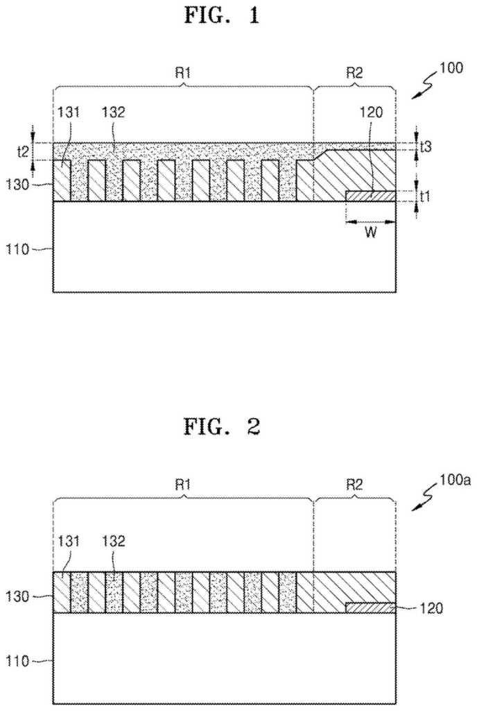 Cross-section of a display structure with a flattening layer over patterned films, showing different regions and layer thicknesses. Drawing from patent filing US 2026/0299179 A1.