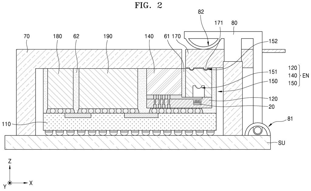 A cross-section of the chip package, showing the optical components and the cooling system. Drawing from patent filing US 2026/0299227 A1.
