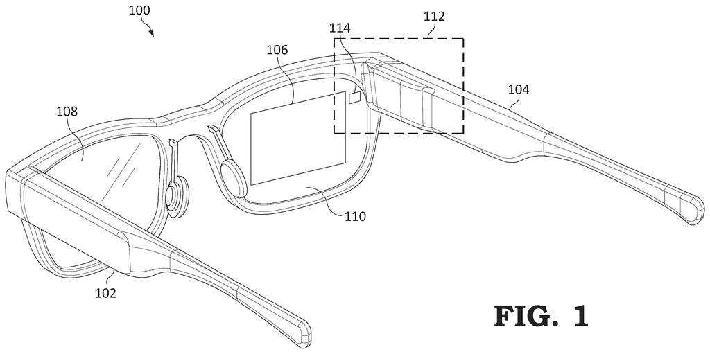 Augmented reality glasses with a display and optical components integrated into the frame. Drawing from patent filing US 2026/0299299 A1.