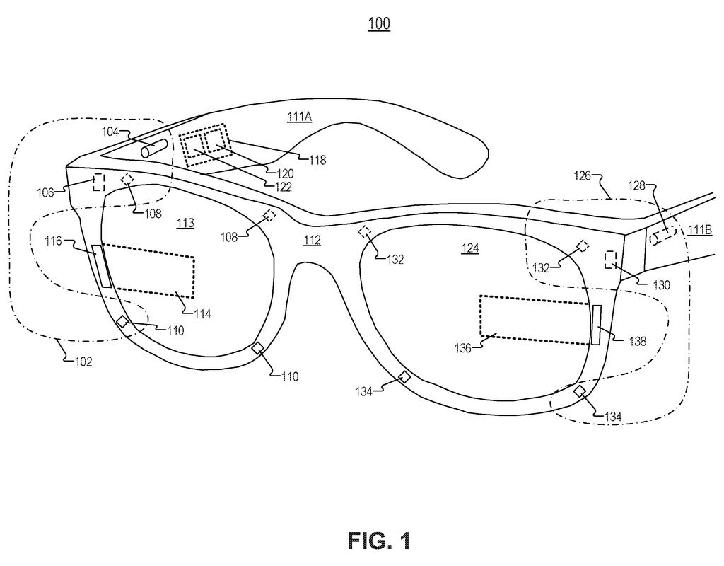A pair of smart glasses with integrated sensors and light sources for eye tracking and environmental scanning. Drawing from patent filing US 2026/0299306 A1.