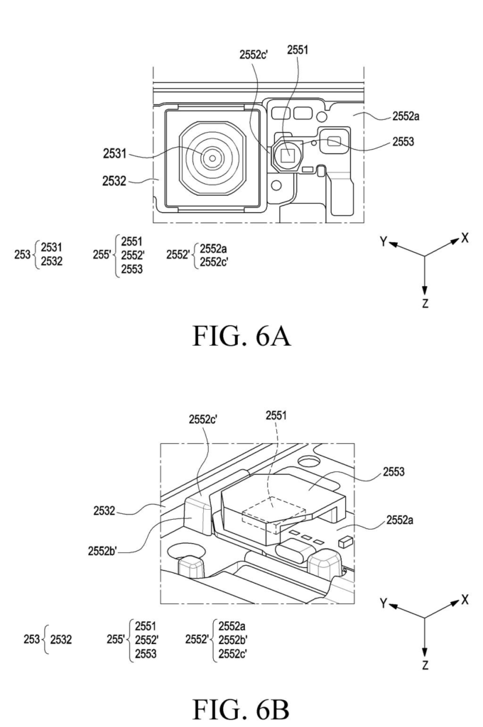 A top-down view of the camera lenses and LED flash assembly on the back of a foldable phone. Drawing from patent filing US 2026/0299396 A1.