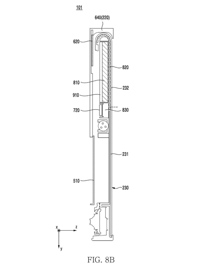 An exploded view of an expanding phone, showing its main components including the flexible display, housing, and internal wiring. Drawing from patent filing US 2026/0299651 A1.