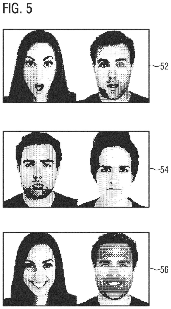 Examples of human faces displaying various emotions, which the system analyzes to detect emotional patterns. Drawing from patent filing US 2026/0299676 A1.