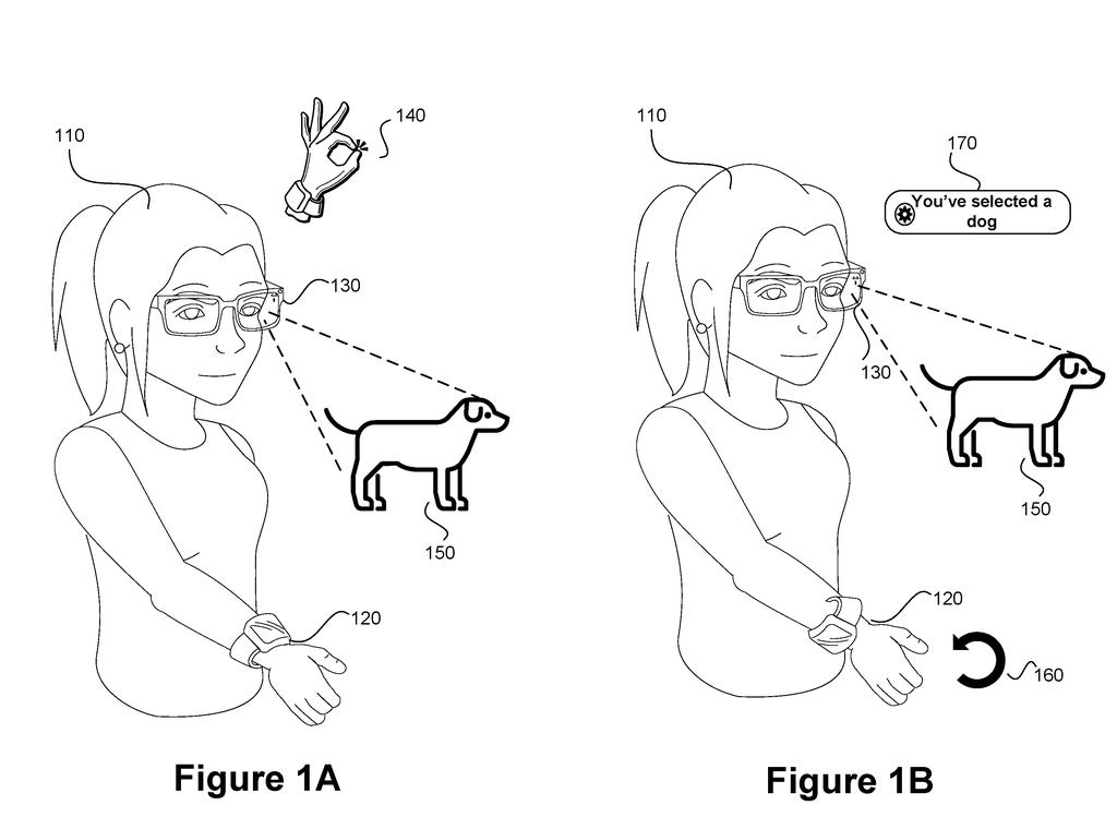 A person wearing smart glasses and a wristband selects a dog icon by gazing at it and making an "OK" hand gesture. Drawing from patent filing US 2026/0299683 A1.