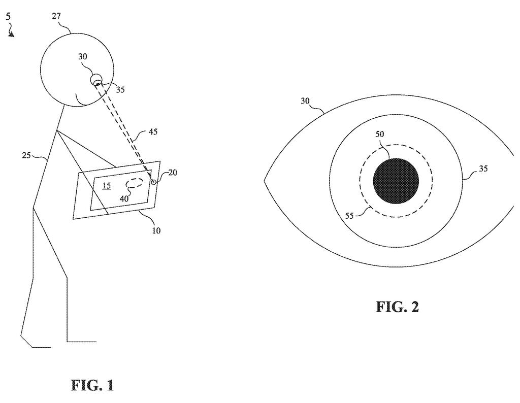 A person looks at a display, with dashed lines indicating eye tracking to detect changes in pupil size. Drawing from patent filing US 2026/0299689 A1.