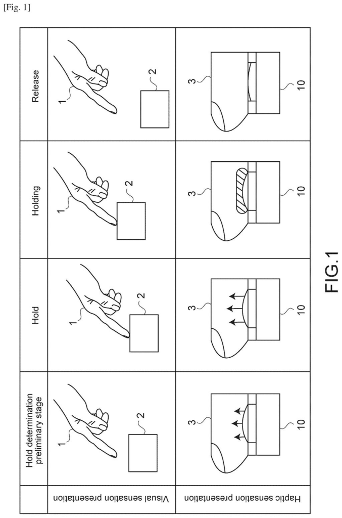 A hand interacts with a virtual object, showing visual and haptic feedback for preliminary, holding, and release stages. Drawing from patent filing US 2026/0299690 A1.