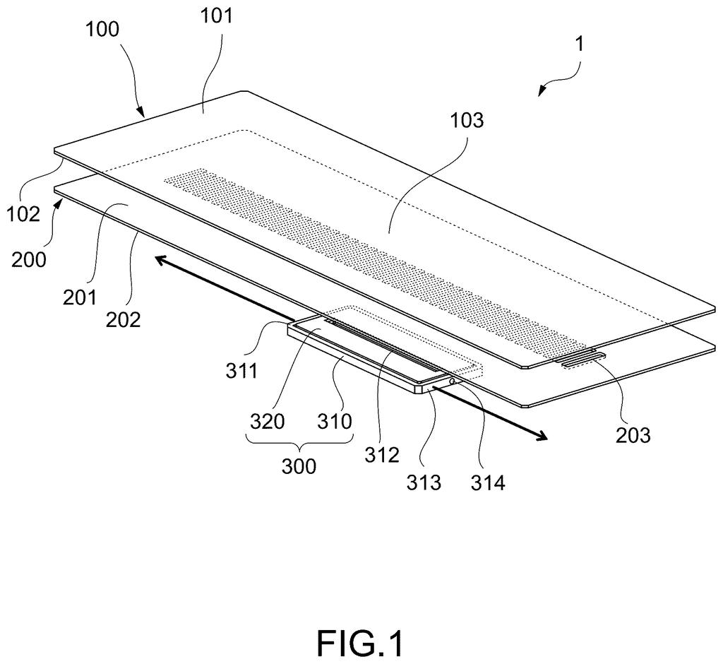 An exploded view of a haptic touchscreen with a flexible top layer, a specification layer, and a movable haptic feedback unit. Drawing from patent filing US 2026/0299693 A1.