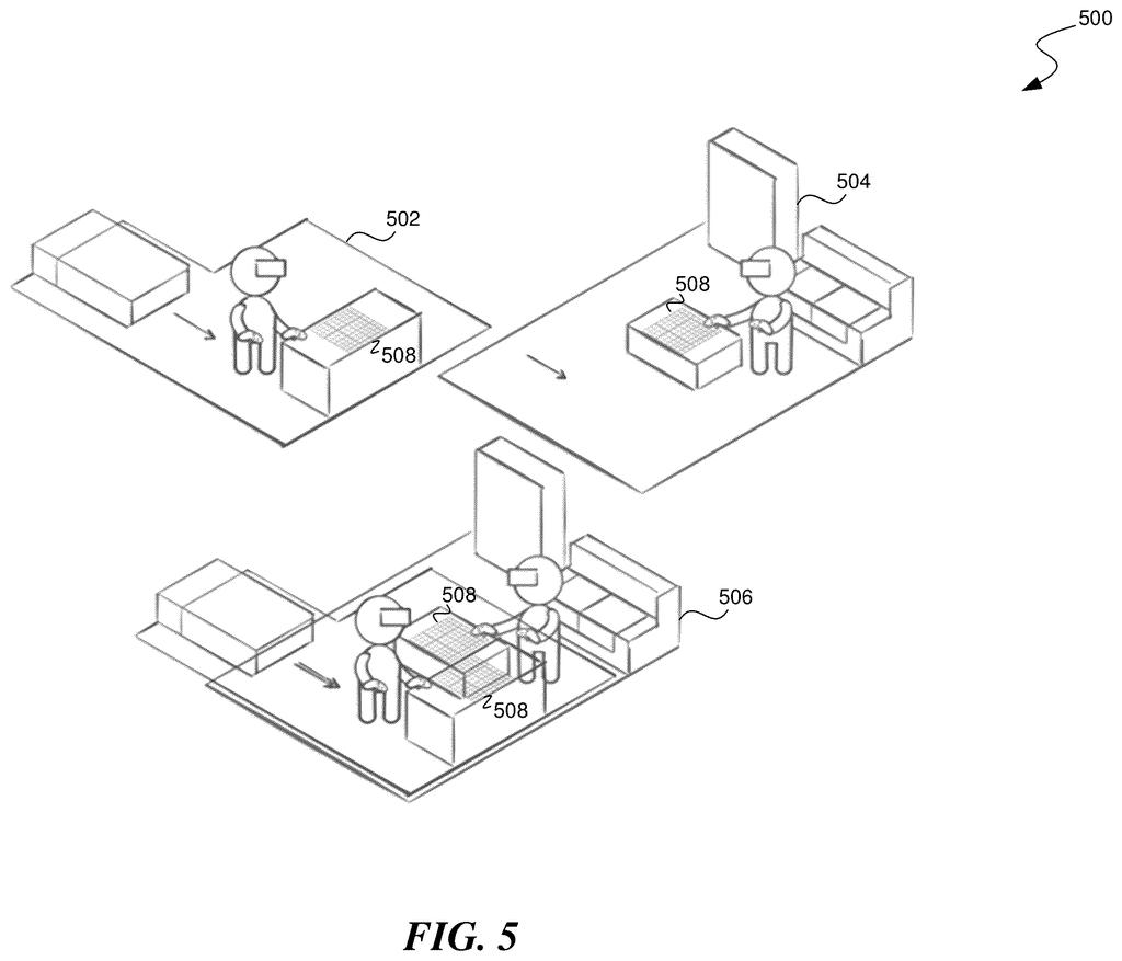 A person wearing a headset interacts with virtual components, such as a chessboard, in an augmented reality environment. Drawing from patent filing US 2026/0299699 A1.