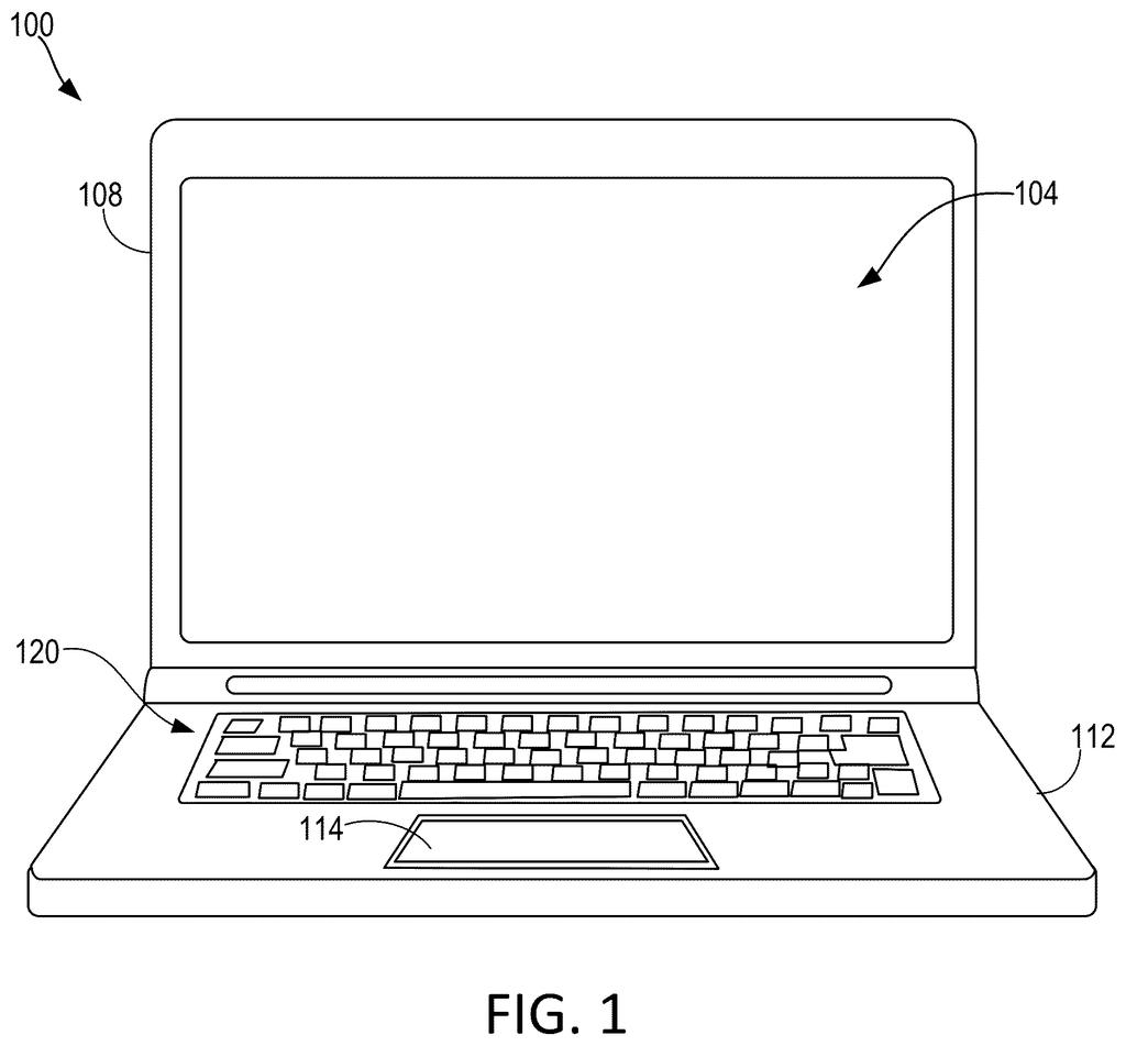 A laptop computer with a trackpad, showing the overall device where the patented mechanism would be used. Drawing from patent filing US 2026/0299715 A1.