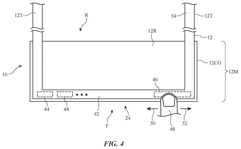 A finger interacts with controls on the front glass of a virtual reality headset. Drawing from patent filing US 2026/0299736 A1.