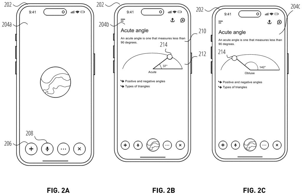 A smartphone screen displays an interactive explanation of an acute angle, with text and a corresponding diagram. Drawing from patent filing US 2026/0299744 A1.
