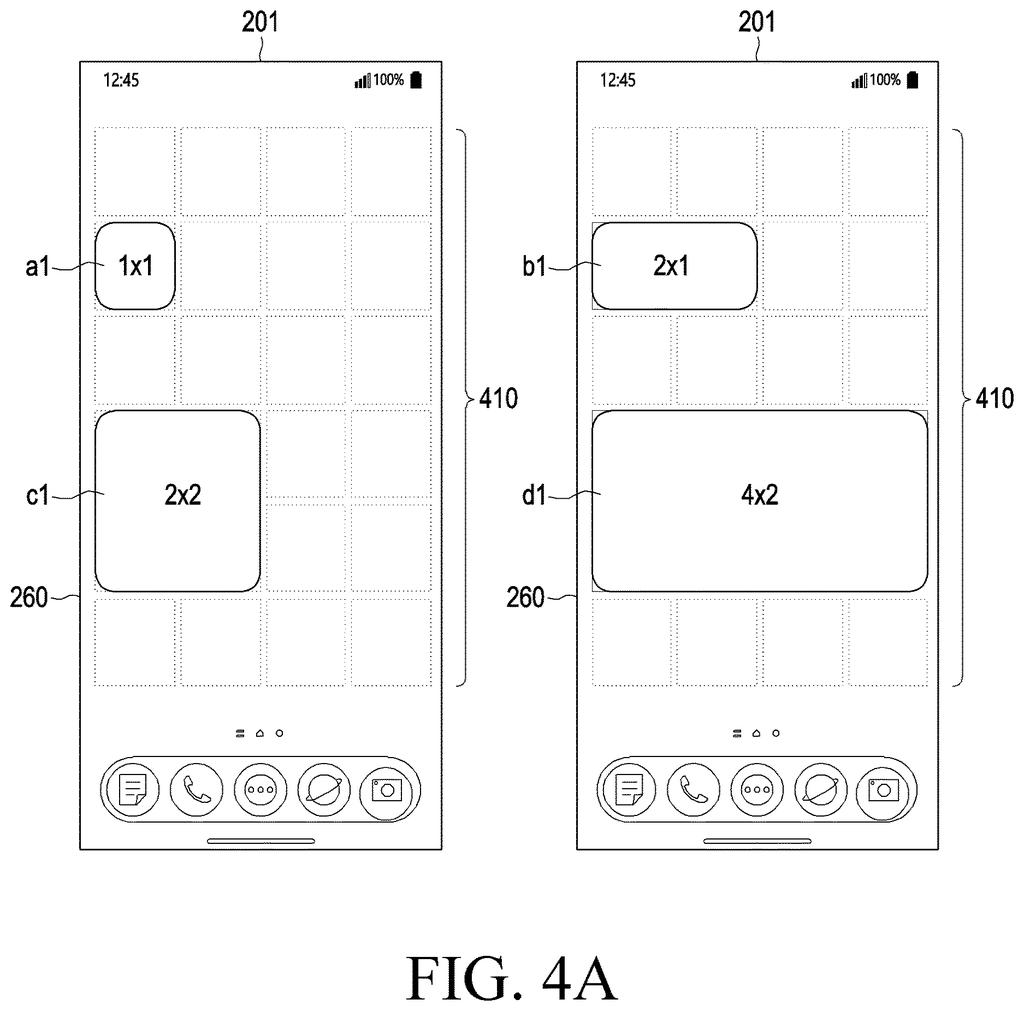 A smartphone display shows two home screen layouts, one with a coarse grid and the other with a finer grid for app icons. Drawing from patent filing US 2026/0299761 A1.
