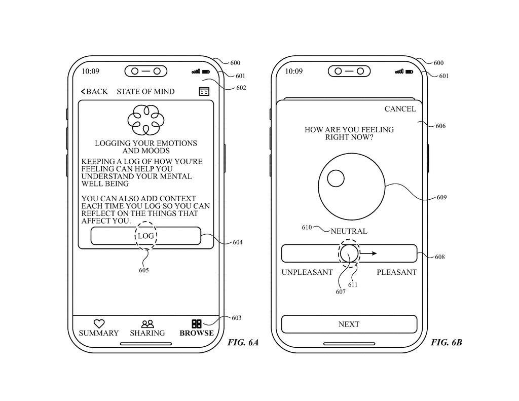 A smartphone screen displays an application for logging emotions and moods, with a "Log" button to begin the process. Drawing from patent filing US 2026/0299765 A1.
