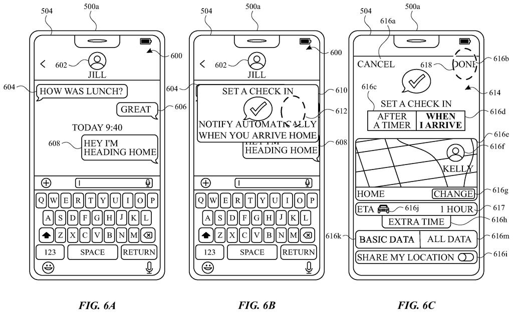 A smartphone screen displays a conversation with a "Check In" safety alert being set up and confirmed. Drawing from patent filing US 2026/0299776 A1.