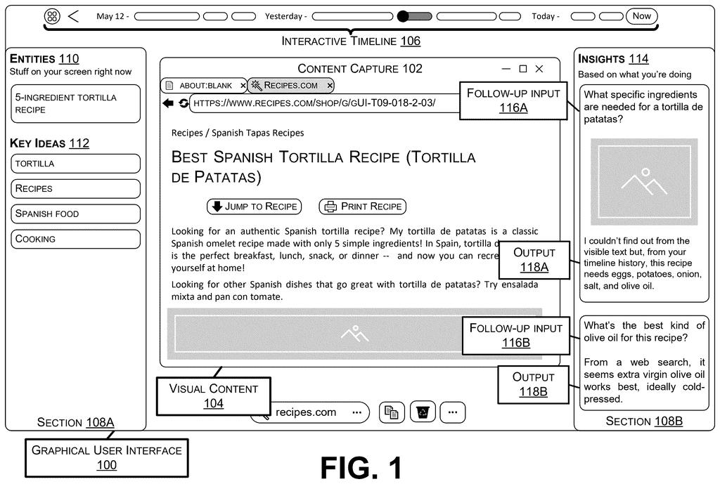 A web browser displays a recipe with suggested follow-up questions and answers based on the page's content. Drawing from patent filing US 2026/0299972 A1.