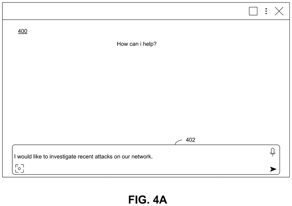 A chat window displays a user's input to investigate network attacks. Drawing from patent filing US 2026/0300001 A1.