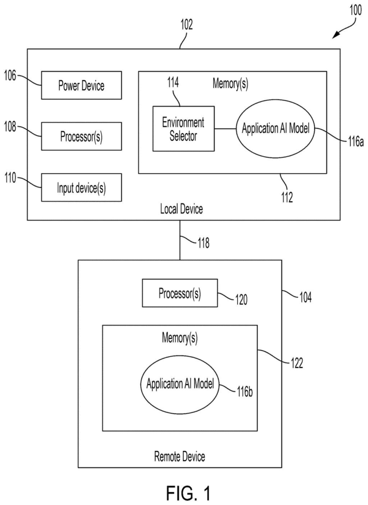 A system architecture shows a local device with AI capabilities connected to a remote device, illustrating how AI tasks can be distributed. Drawing from patent filing US 2026/0300015 A1.