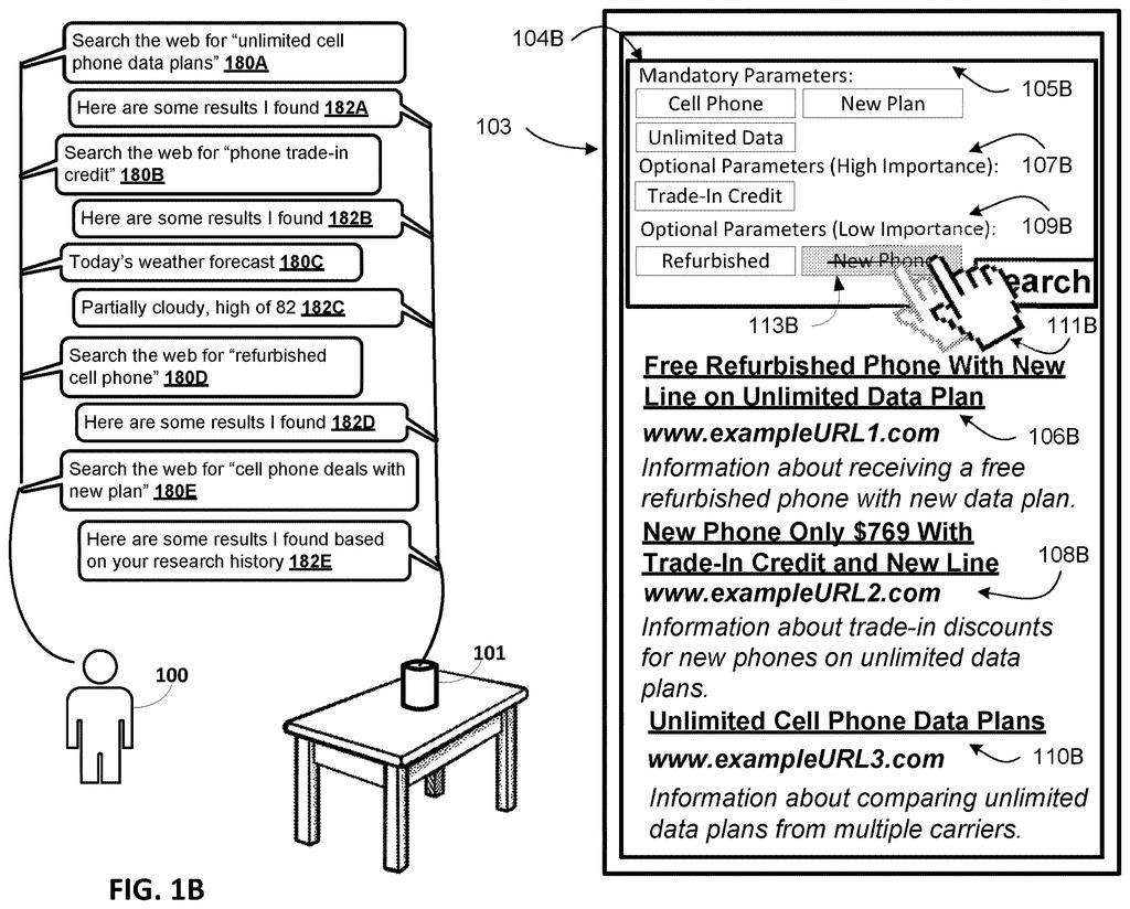 A person asks a smart speaker multiple questions, which are then combined to display relevant search results on a screen. Drawing from patent filing US 2026/0300272 A1.