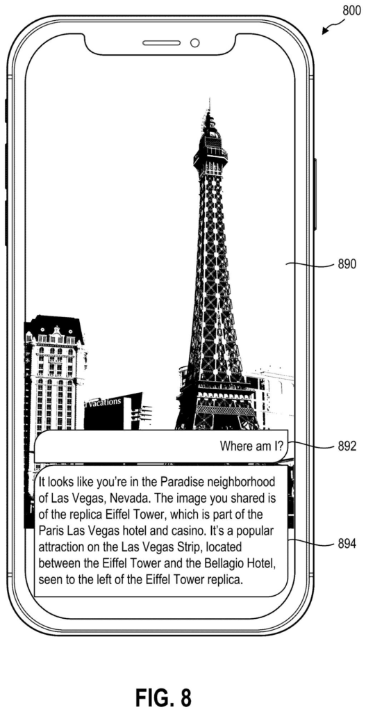 A phone screen displays a real-time image of the Eiffel Tower replica in Las Vegas and an AI-generated response to the question "Where am I?". Drawing from patent filing US 2026/0300300 A1.