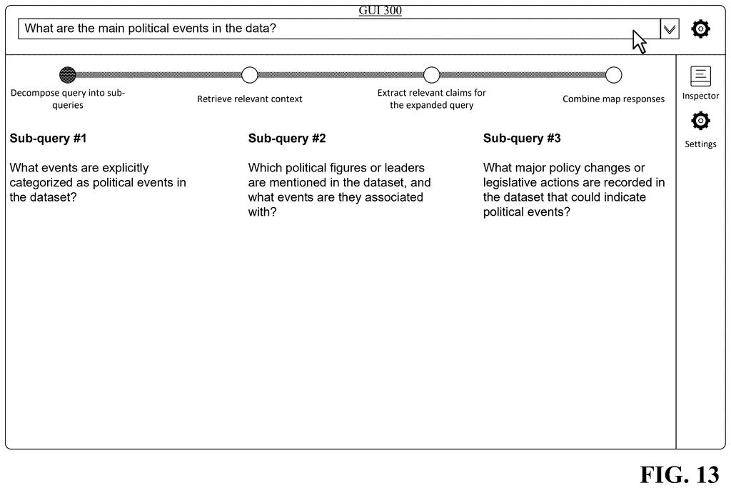 A graphical user interface shows an AI system breaking down a user's question into multiple sub-queries for processing. Drawing from patent filing US 2026/0300370 A1.