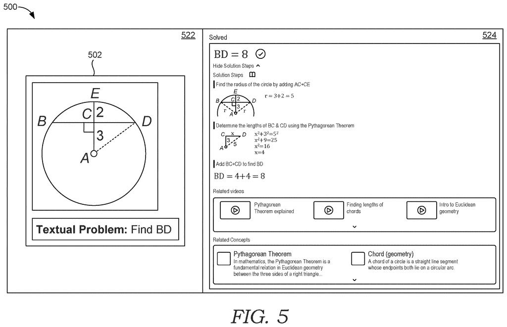 A user interface displays a geometric problem image and its detailed solution steps, related videos, and concepts. Drawing from patent filing US 2026/0300384 A1.