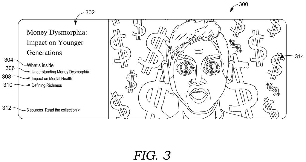 A consolidated news article about "Money Dysmorphia" with a headline, table of contents, and an illustrative image. Drawing from patent filing US 2026/0300414 A1.