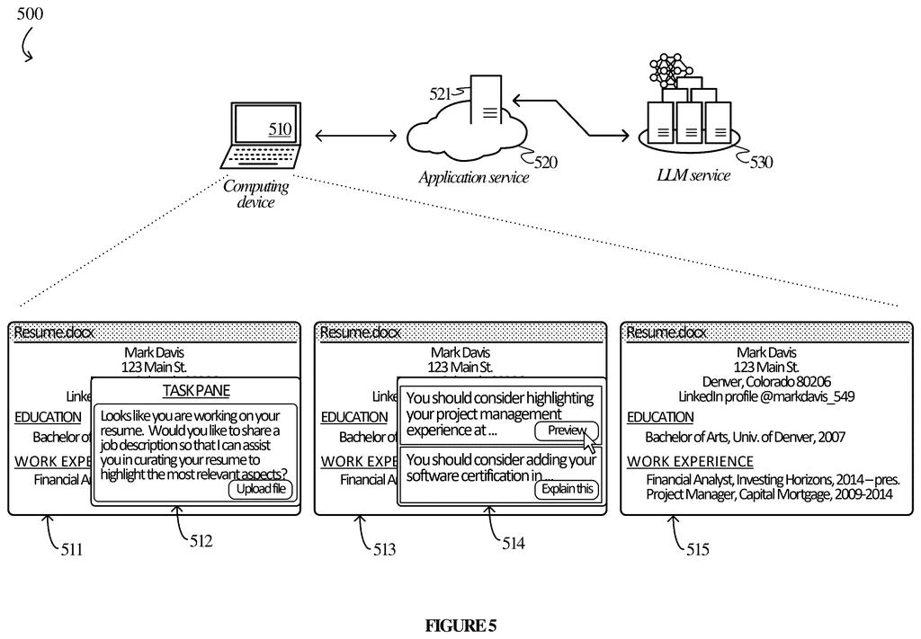 A computing device displays a resume, with an application service providing suggestions for improvement based on analysis by an LLM service. Drawing from patent filing US 2026/0300643 A1.