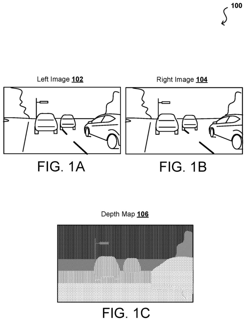 Left and right images of a scene are processed to create a depth map, indicating object distances. Drawing from patent filing US 2026/0300718 A1.