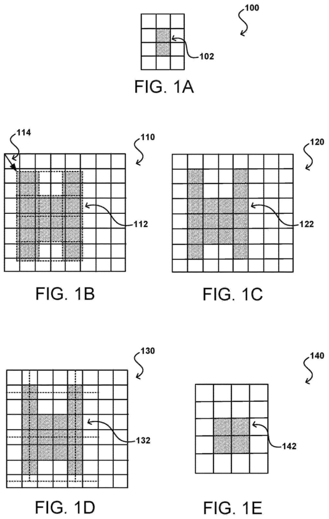 Pixel grids demonstrate how a smaller image is upscaled and combined with a previous frame to create a higher resolution image. Drawing from patent filing US 2026/0301117 A1.