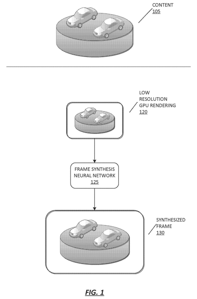 A system generates a high-resolution synthesized frame of cars on a platform from initial content and a low-resolution rendering. Drawing from patent filing US 2026/0301118 A1.