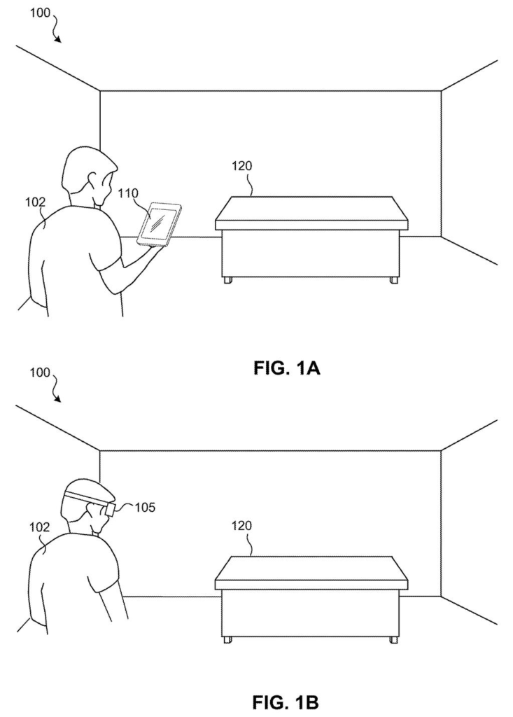 A person uses a tablet to view content, and another person wears a headset, both in a room with a table. Drawing from patent filing US 2026/0301125 A1.