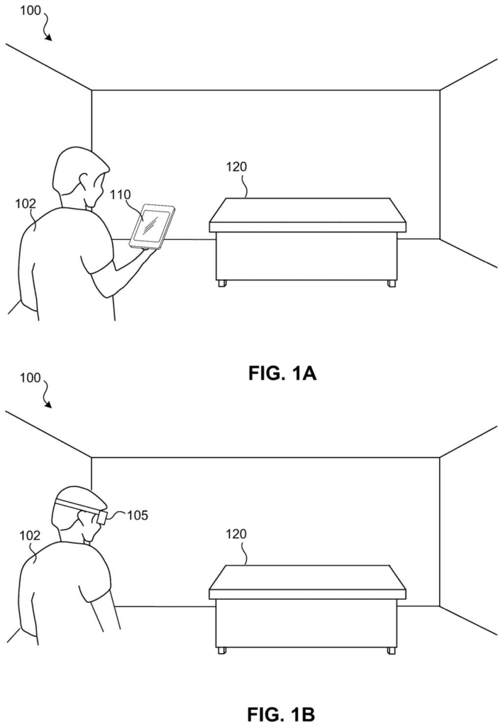 A person uses a tablet or a head-mounted display to view a room, demonstrating the system's use. Drawing from patent filing US 2026/0301133 A1.