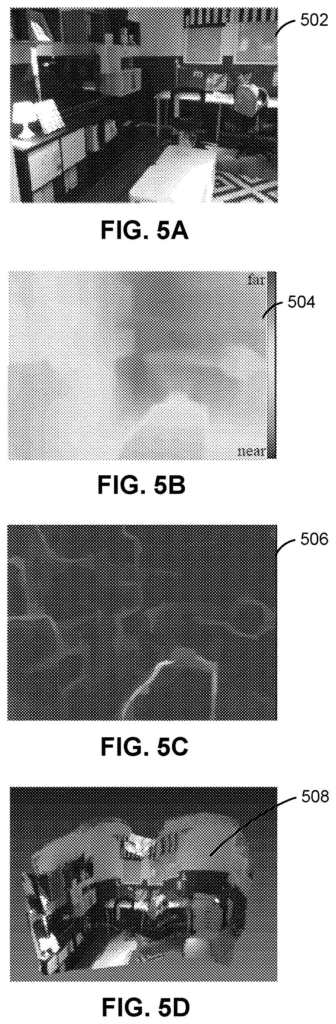 An original image, its corresponding depth map, an uncertainty map, and a 3D reconstruction of the scene. Drawing from patent filing US 2026/0301203 A1.