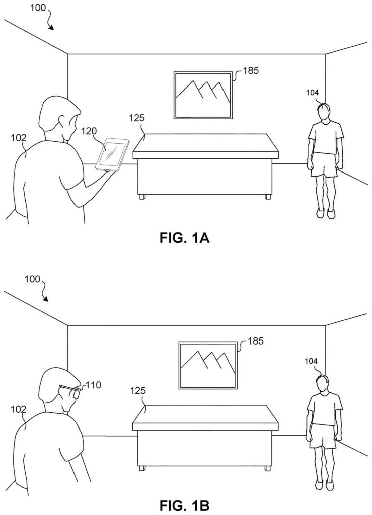 A person uses a tablet to view an augmented reality overlay, while another person wears a headset in a room. Drawing from patent filing US 2026/0301215 A1.