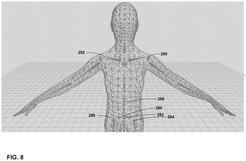 A wireframe model of a human-like avatar, showing the mesh structure used for representing its form and movement. Drawing from patent filing US 2026/0301233 A1.