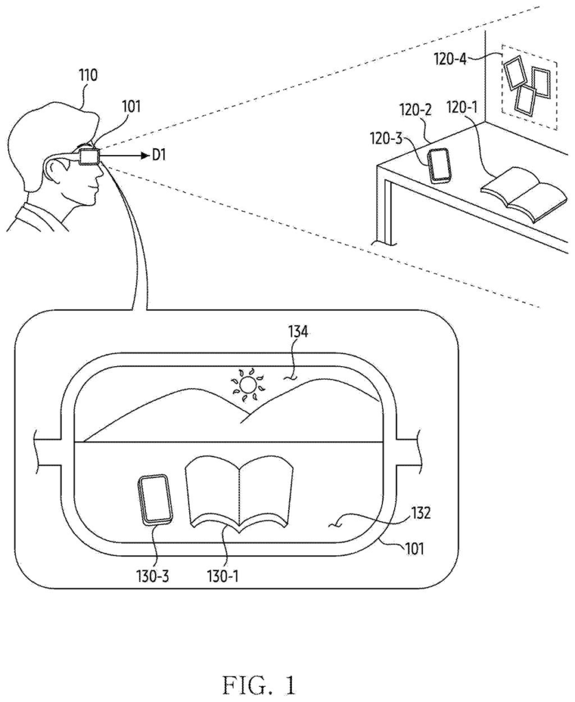 A person wearing augmented reality glasses views a real-world scene augmented with digital graphics. Drawing from patent filing US 2026/0301246 A1.
