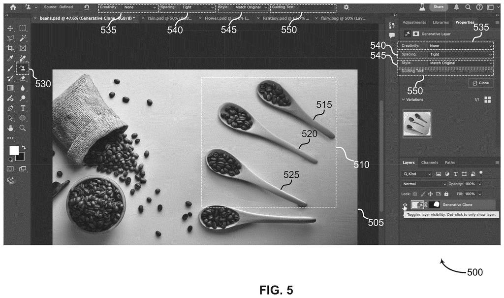A computer screen displays an image editing interface with multiple spoons of coffee beans cloned into a new region. Drawing from patent filing US 2026/0301257 A1.