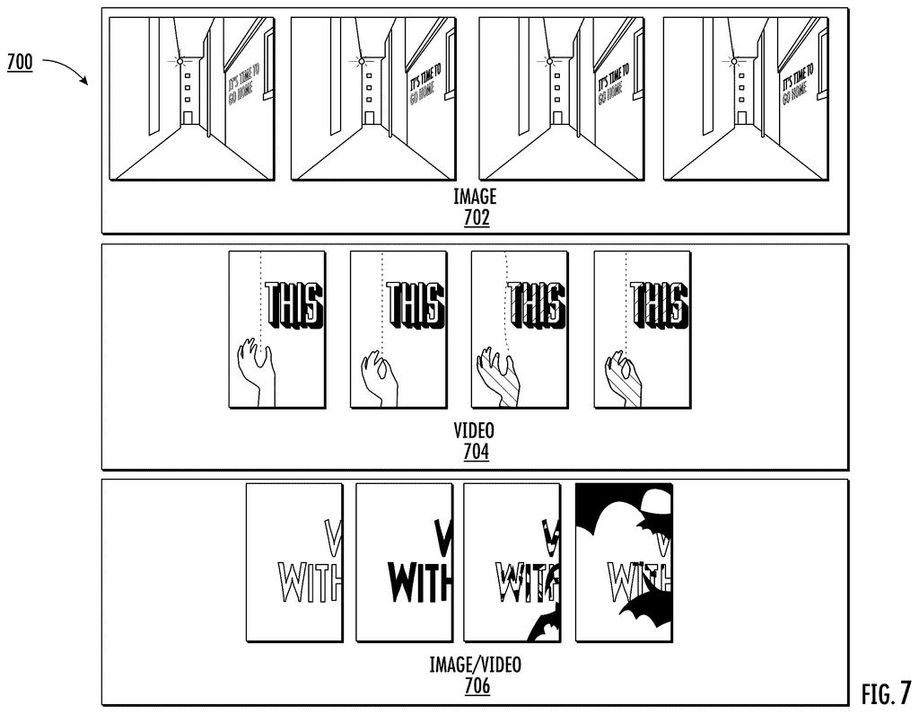Examples of images and videos demonstrating various text styles and backgrounds, including animated text. Drawing from patent filing US 2026/0301260 A1.