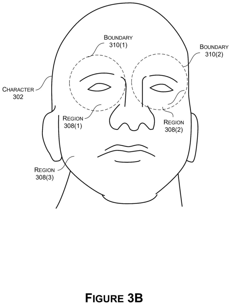 A character's face with regions highlighted around the eyes, indicating areas for selective animation. Drawing from patent filing US 2026/0301288 A1.