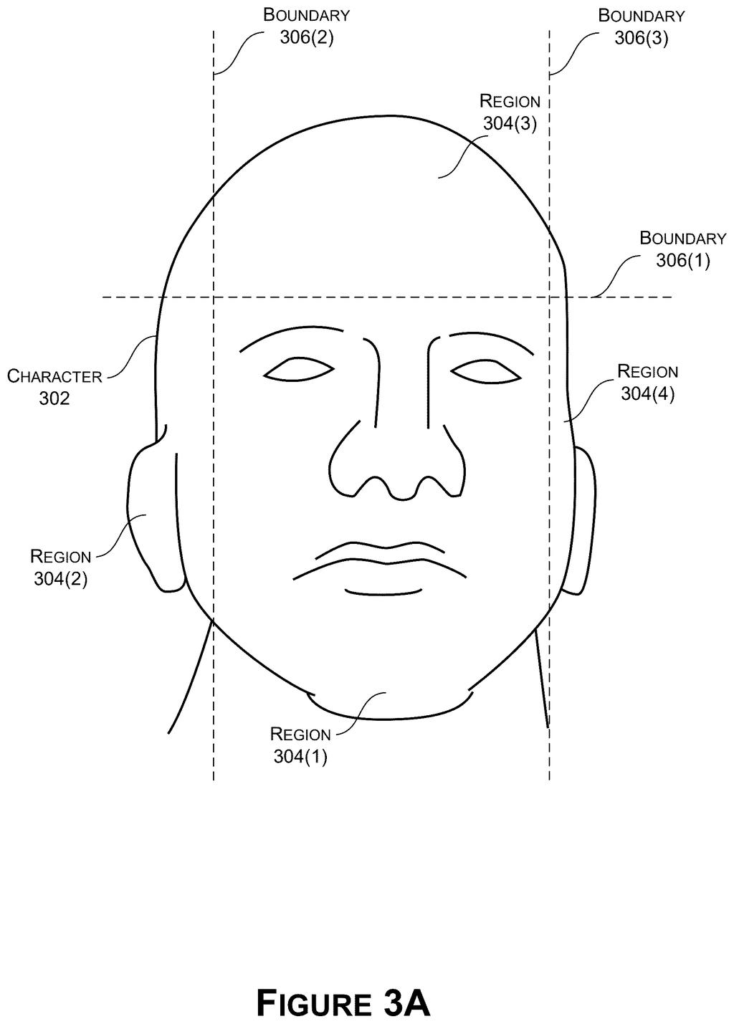 A character's face is divided into regions by boundaries, illustrating how facial features are analyzed for animation. Drawing from patent filing US 2026/0301289 A1.