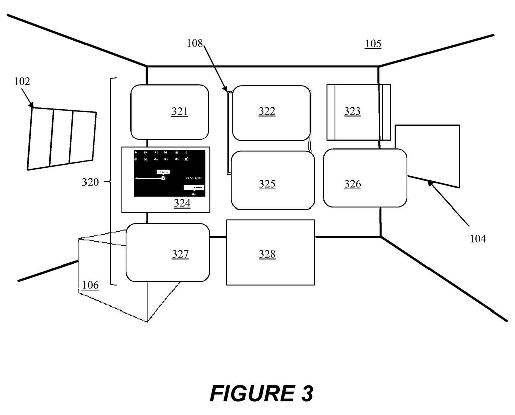 A virtual room with various media objects, including a photo displayed with an appearance of depth. Drawing from patent filing US 2026/0301310 A1.