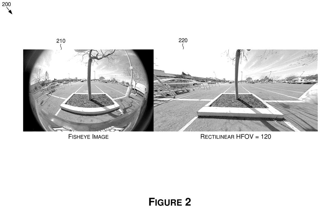 A fisheye image on the left is transformed into a rectilinear image on the right, correcting the wide-angle distortion. Drawing from patent filing US 2026/0301319 A1.
