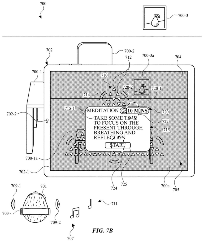A person wearing a VR headset and headphones experiences a meditation session with a visual interface and accompanying audio. Drawing from patent filing US 2026/0301338 A1.