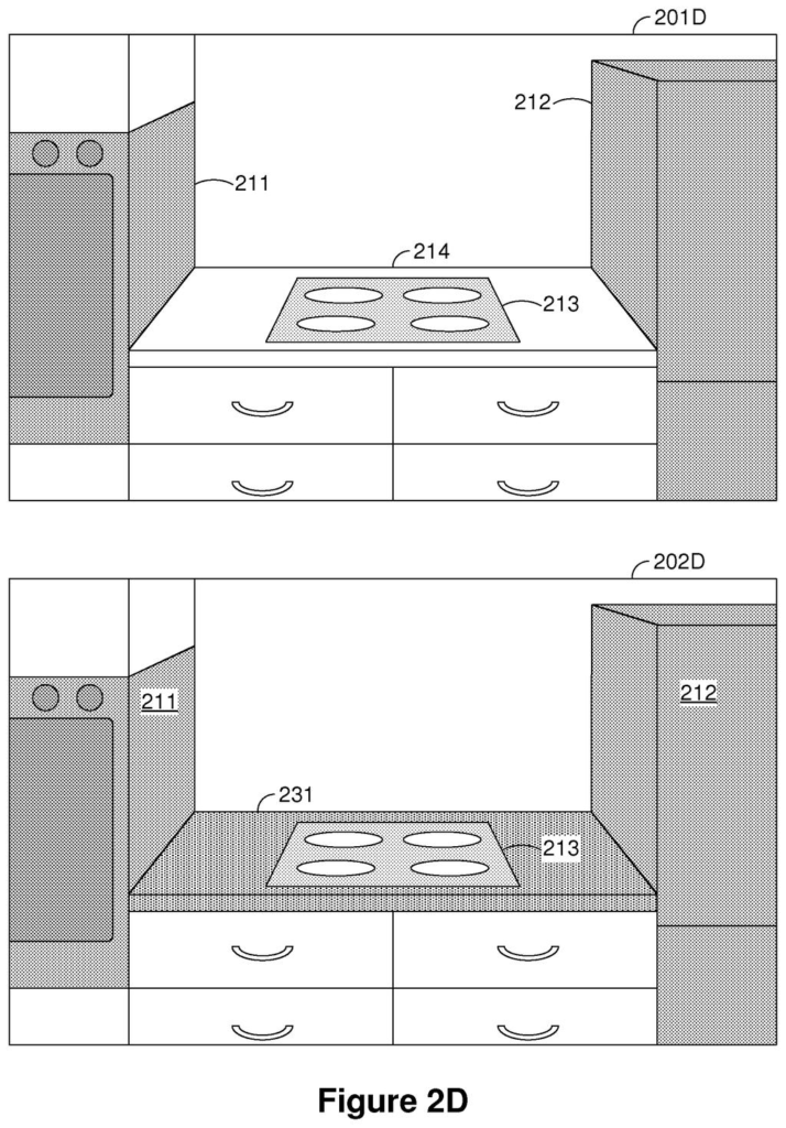A kitchen counter with a stovetop, showing a new backsplash design overlaid onto the existing wall. Drawing from patent filing US 2026/0301345 A1.