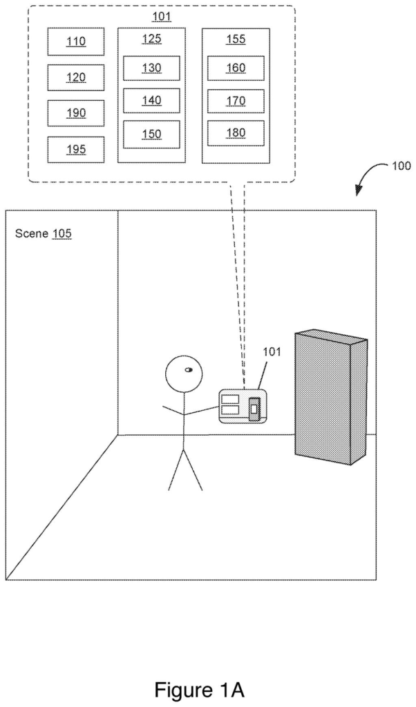 A person in a room interacts with a device that controls simulated lighting effects for a scene. Drawing from patent filing US 2026/0301350 A1.