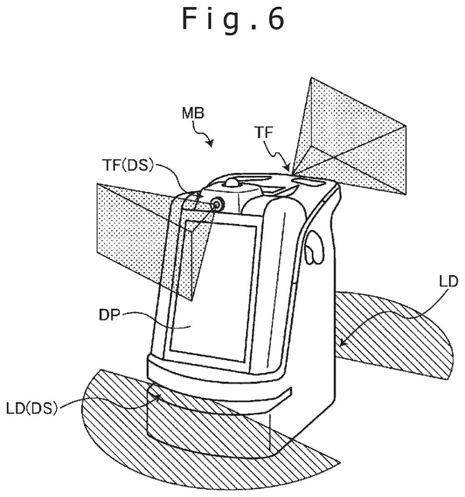 A robot with top and bottom sensors for distance measurement, showing the areas they scan. Drawing from patent filing US 2026/0301360 A1.