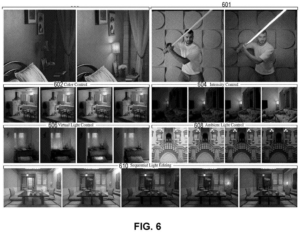 Examples of color, intensity, virtual, ambient, and sequential light editing applied to different scenes. Drawing from patent filing US 2026/0301382 A1.