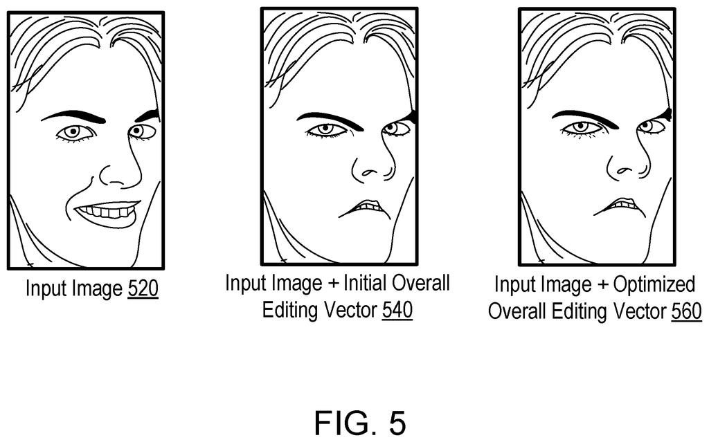 An input image of a smiling face is transformed into an angry expression using an initial and then an optimized editing vector. Drawing from patent filing US 2026/0301464 A1.