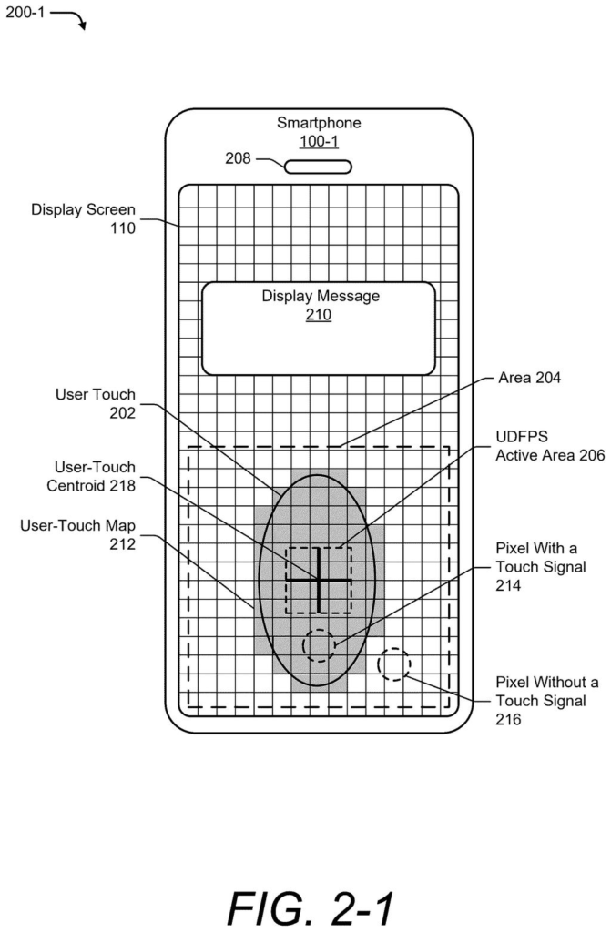 A smartphone display shows a user's touch and the active area for an under-display fingerprint sensor. Drawing from patent filing US 2026/0301474 A1.