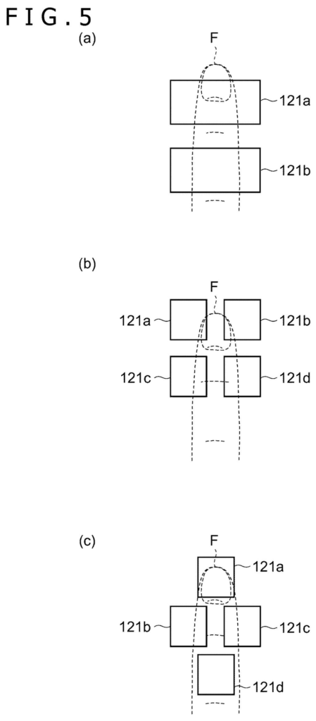Different arrangements of haptic feedback elements that push against a finger. Drawing from patent filing US 2026/0301551 A1.
